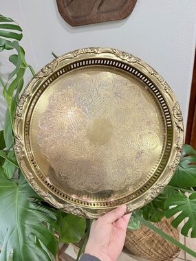 Vintage Gold Tone Serving Tray Ornate Etched Round Gallery Edge 14”